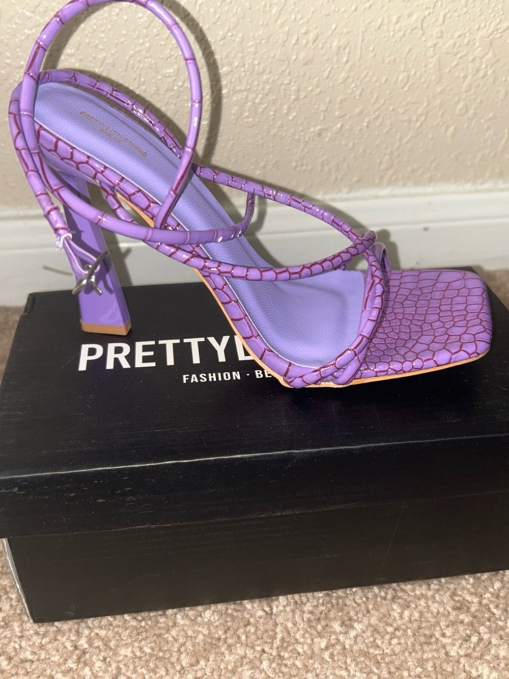 PrettyLittleThing Lilac Croc-Strap Square Toe Heels